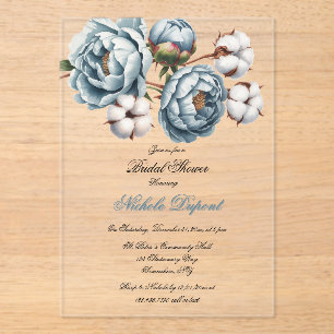 Dusty Blue Peony and Cotton Bridal Shower Acrylic Invitations