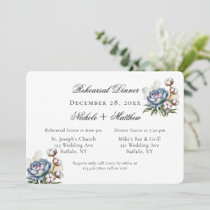 Dusty Blue Peony and Cotton Rehearsal Dinner Invitation