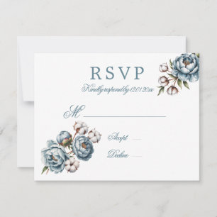 Dusty Blue Peony and Cotton Wedding RSVP Card