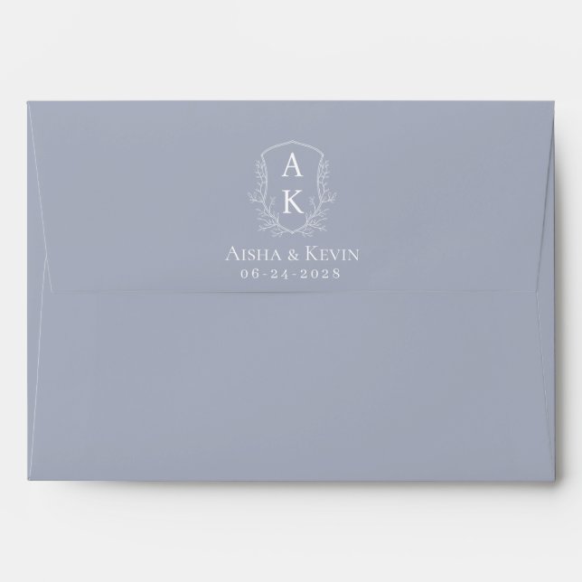 Dusty Blue Peony Couple Crest Wedding RSVP Envelope (Back (Top Flap))