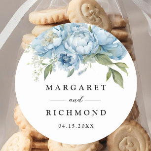 Dusty Blue Peony Elegant Watercolor Wedding Classic Round Sticker