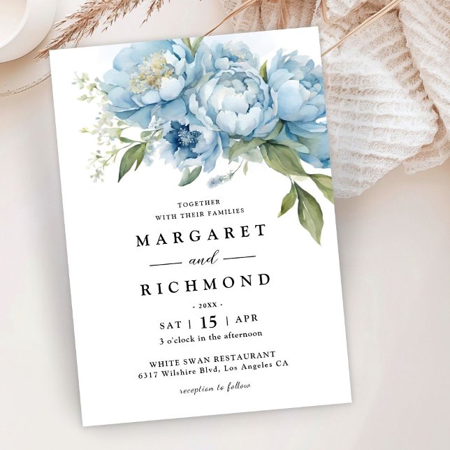 Dusty Blue Peony Elegant Watercolor Wedding Invitation (Creator Uploaded)