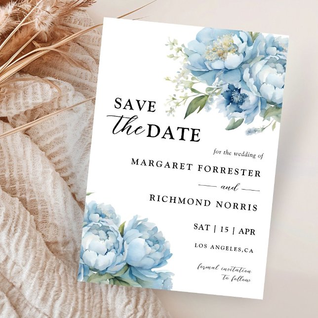 Dusty Blue Peony Elegant Wedding Save The Date Invitation (Creator Uploaded)