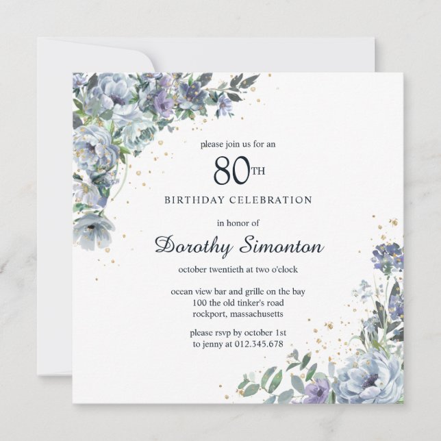 Dusty Blue Peony Floral 80th Birthday Invitation (Front)