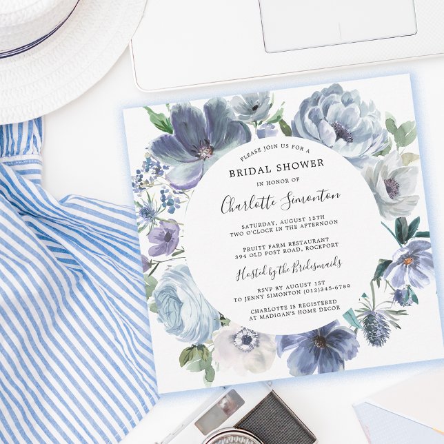 Dusty Blue Peony Floral Bridal Shower Square Invitation (Chic Summer Dusty Blue Bridal Shower Invitation)