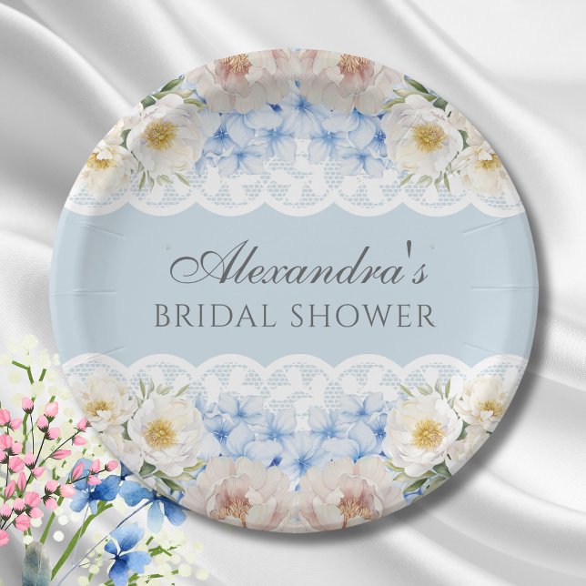 Dusty Blue Peony Hydrangea Bridal Shower Paper Plate (Creator Uploaded)