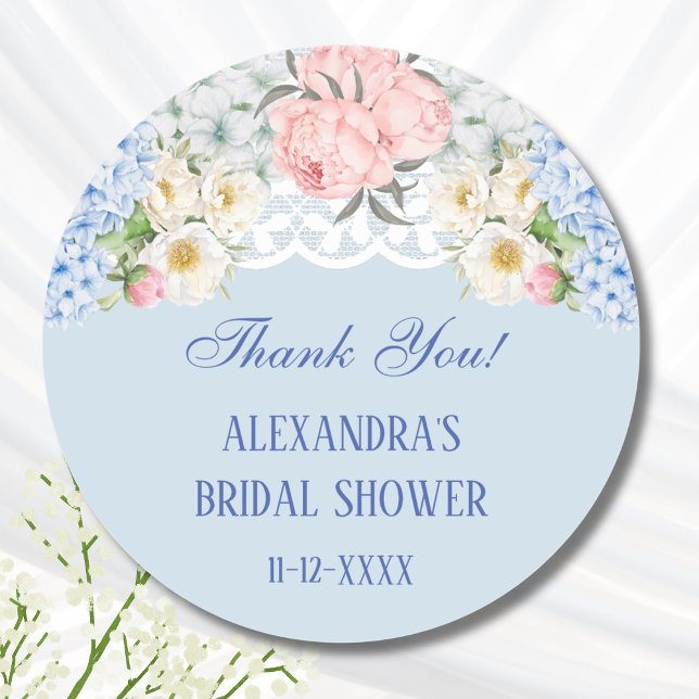 Dusty Blue Peony Hydrangea Bridal Shower Thank You Classic Round Sticker (Creator Uploaded)