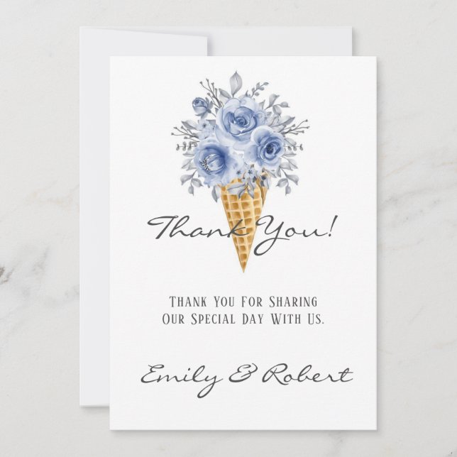 Dusty Blue Peony Ice Cream Cone Thank You Cards (Front)