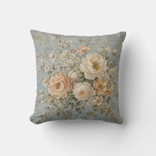 Dusty Blue Peony Ivory Blossom French Country Cushion