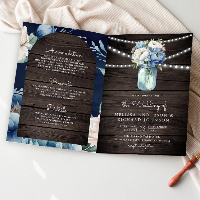 Dusty Blue Peony Mason Jar QR Code Wood Wedding Invitation (Creator Uploaded)