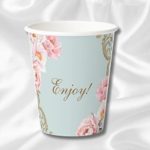 Dusty Blue Peony Rococo Floral Baby Shower Paper Cups