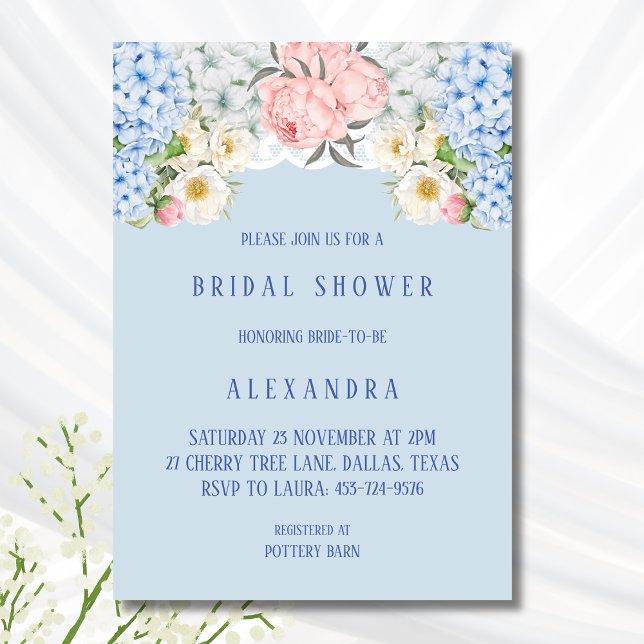 Dusty Blue Peony Romantic Hydrangea Bridal Shower Invitation (Creator Uploaded)