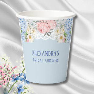 Dusty Blue Peony Romantic Hydrangea Bridal Shower Paper Cups