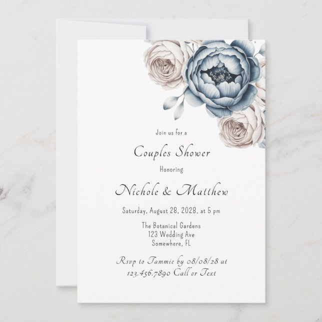 Dusty Blue Peony Rose and Glitter Couples Shower Invitation (Front)