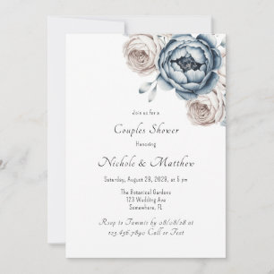 Dusty Blue Peony Rose and Glitter Couples Shower Invitation