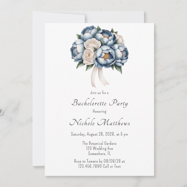 Dusty Blue Peony Rose & Glitter Bachelorette Party Invitation (Front)