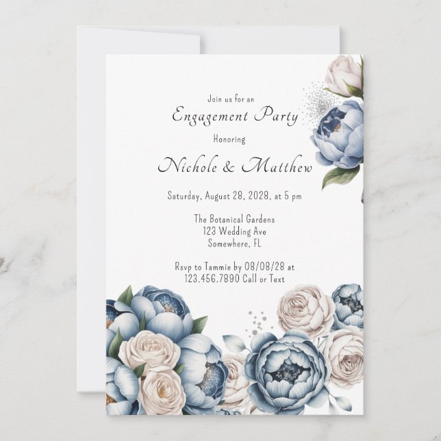Dusty Blue Peony Rose & Glitter Engagement Party Invitation (Front)