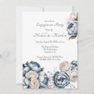 Dusty Blue Peony Rose & Glitter Engagement Party Invitation