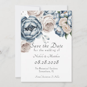 Dusty Blue Peony Rose & Glitter Save the Date  Invitation