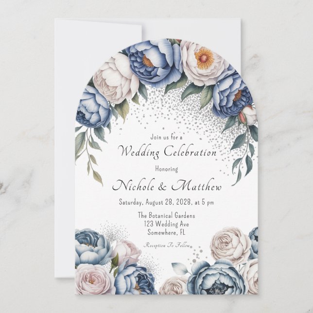 Dusty Blue Peony Rose & Glitter Wedding Invitation (Front)