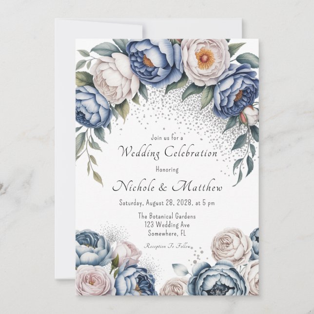Dusty Blue Peony Rose & Glitter Wedding Invitation (Front)