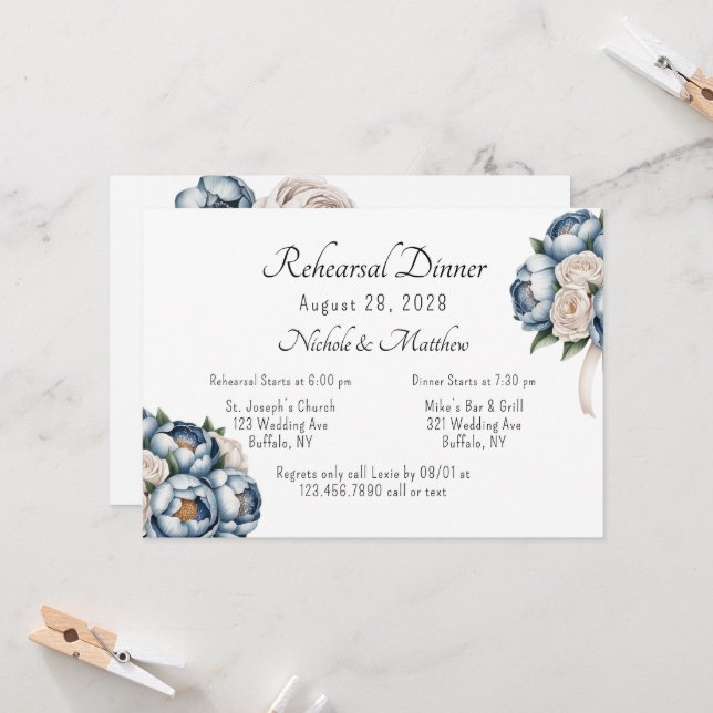 Dusty Blue Peony Rose Rehearsal Dinner Invitation (Front/Back In Situ)