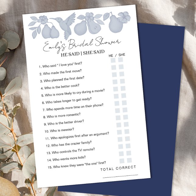 Dusty Blue Perfect Pear Bridal Shower He Said She  (He said / She said game sheet)
