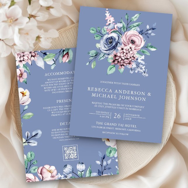 Dusty Blue Periwinkle Pink Floral QR Code Wedding  Invitation (Creator Uploaded)