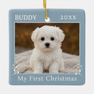 Dusty Blue Personalised First Christmas Dog Photo Ceramic Ornament