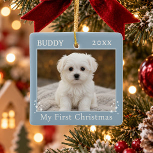 Dusty Blue Personalised First Christmas Dog Photo Ceramic Ornament