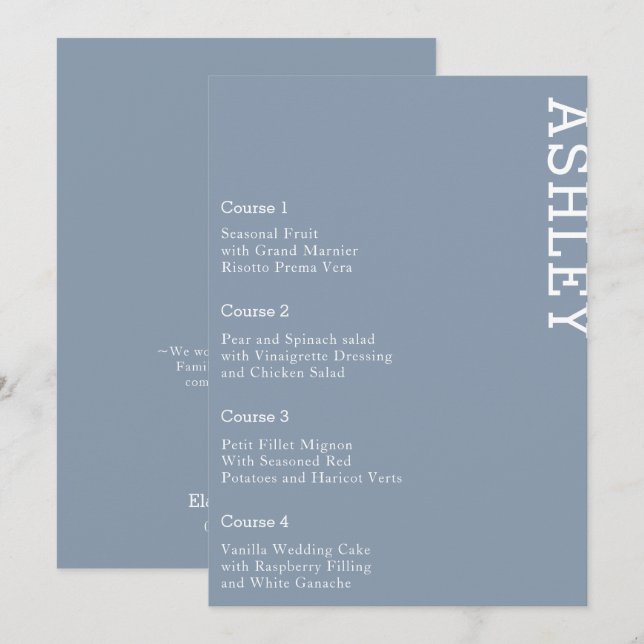 Dusty Blue Personalised Guest Name Wedding  Menu (Front/Back)
