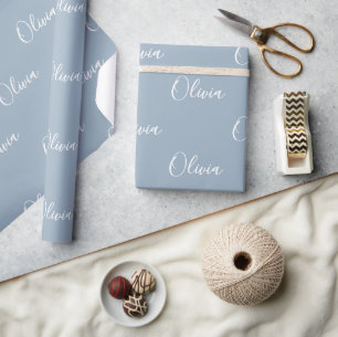 Dusty Blue Personalised Name Elegant  Wrapping Paper