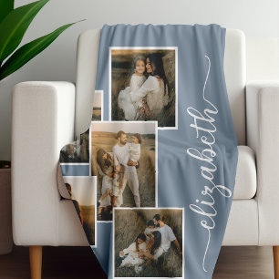 Dusty Blue Personalised With Name 5 Photo Collage Fleece Blanket