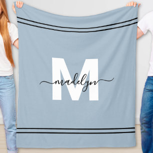 Dusty Blue Personalized Name Monogram Fleece Blanket