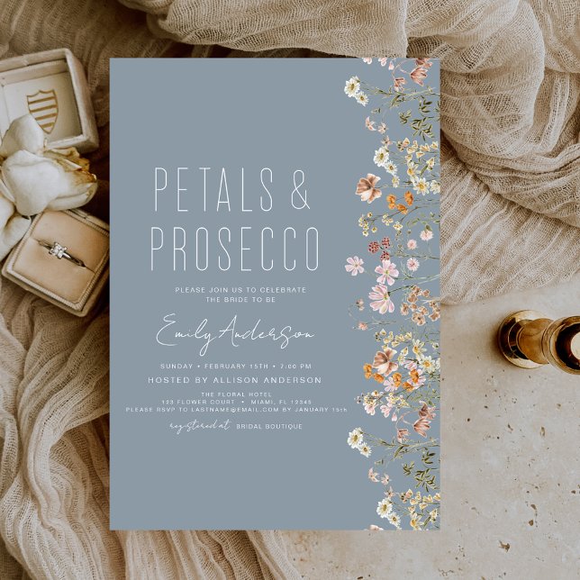 Dusty Blue Petals & Prosecco Bridal Shower Invitation (Creator Uploaded)