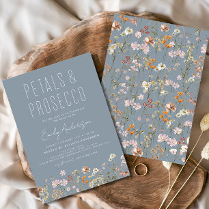 Dusty Blue Petals & Prosecco Bridal Shower Invitation