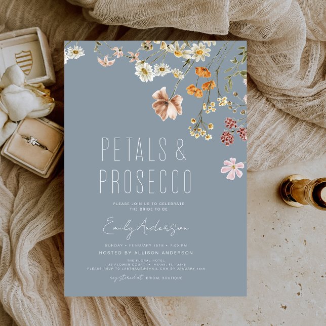 Dusty Blue Petals & Prosecco Bridal Shower  Invitation (Creator Uploaded)