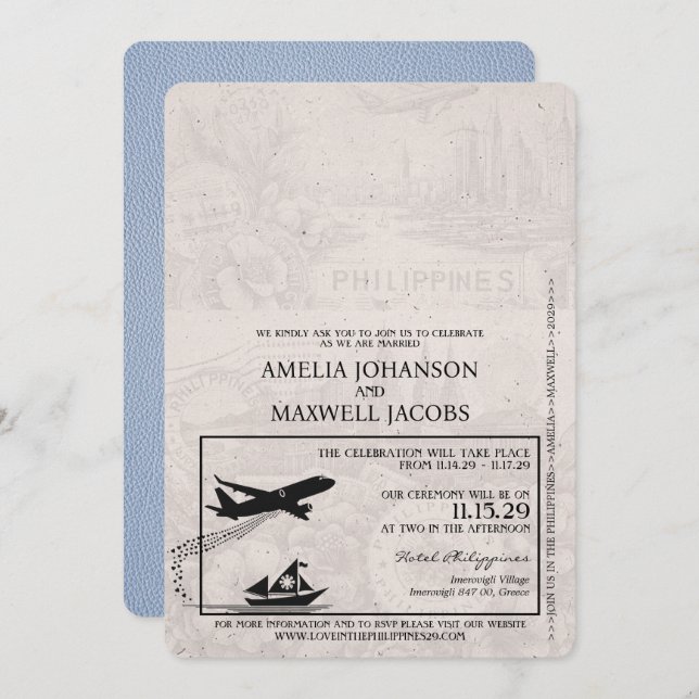 Dusty Blue Philippines Passport Wedding Invitation (Front/Back)