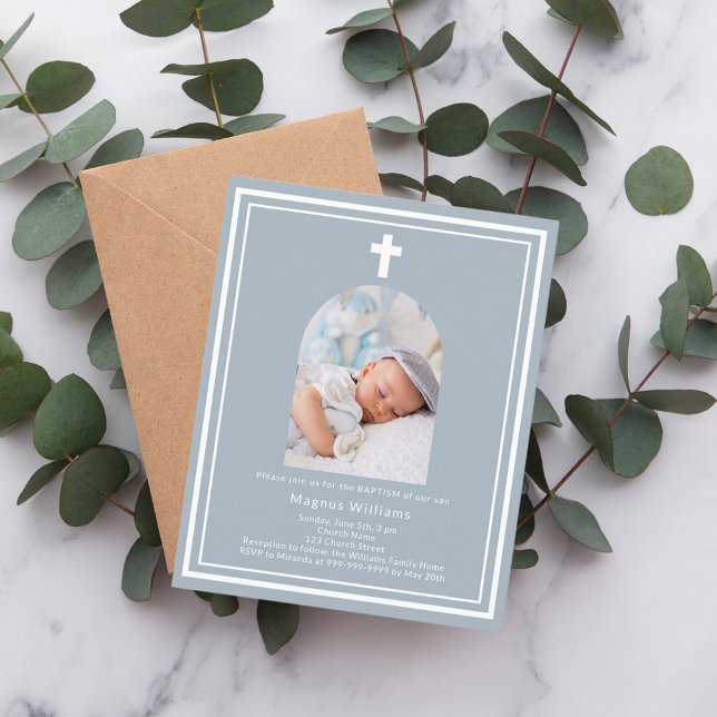 Dusty blue photo arch boy Baptism invitation (Creator Uploaded)