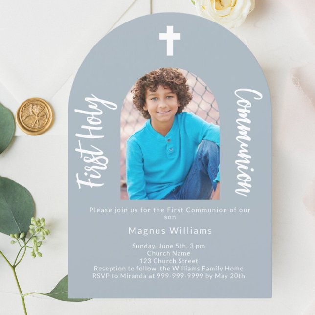 Dusty blue photo arch boy First Holy Communion  Invitation (Creator Uploaded)
