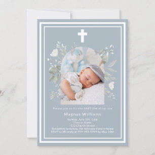 Dusty blue photo arch boy florals Baptism Invitation