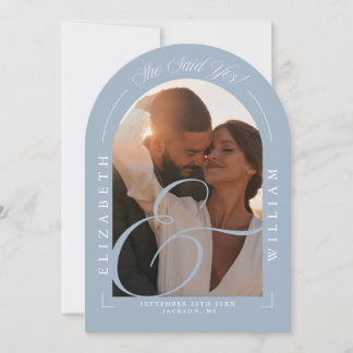 Dusty Blue Photo Arch Calligraphy Engagement Party Invitation