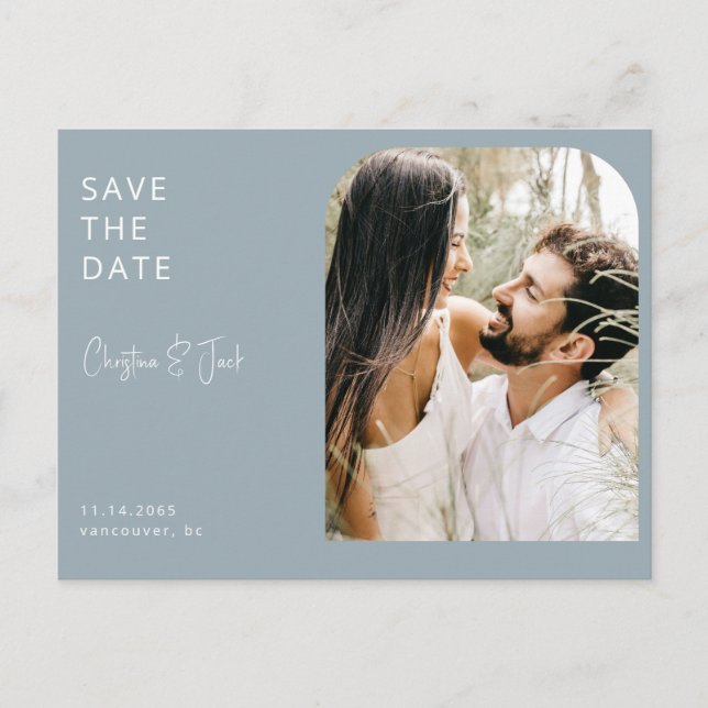Dusty Blue Photo Arch Wedding Save the Date  Postcard (Front)