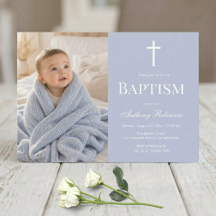 Dusty Blue Photo Baptism Invitation for Boy