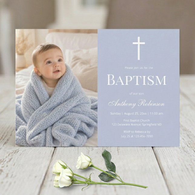 Dusty Blue Photo Baptism Invitation for Boy (Creator Uploaded)