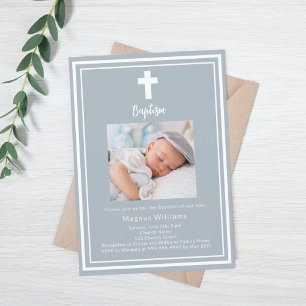 Dusty blue photo boy Baptism invitation
