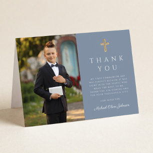 Dusty Blue Photo Boy First Communion Folded Thank You Card