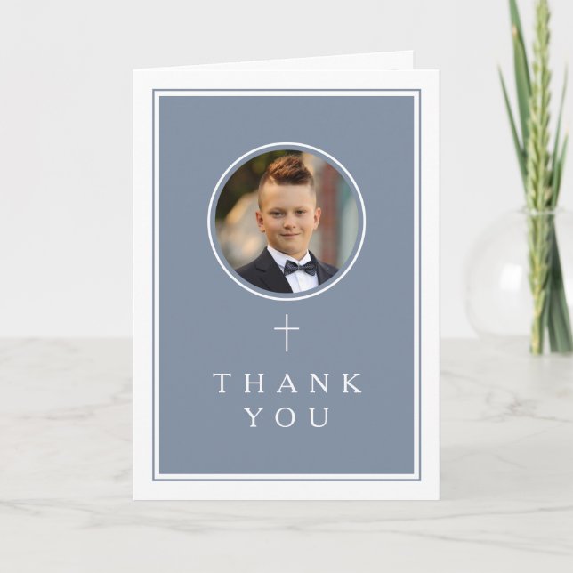 Dusty Blue Photo Boy First Communion Thank You Card (Front)