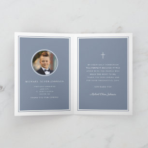 Dusty Blue Photo Boy First Communion Thank You Card
