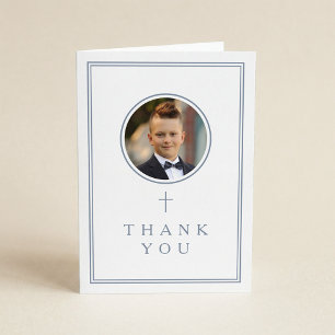 Dusty Blue Photo Boy First Communion Thank You Card